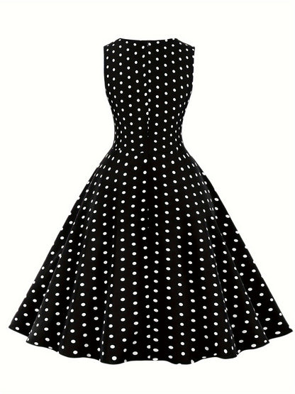 Damen Vintage Rockabilly Polka Dots Kleid mit Schleifen-Gürtel, Elegant, Ärmelos, Festlich & Alltag