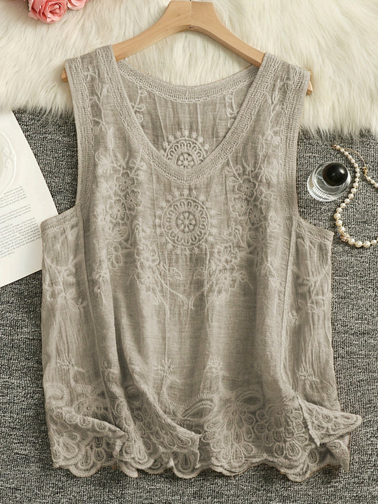 Damen Boho Stickerei Top ärmellos mit Blumenmuster und Lochspitze – Freizeit & Sommer Party Look