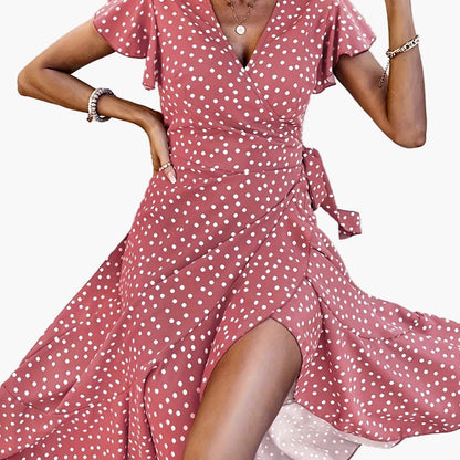 Damen Polka Dot Wickelkleid mit Rüschen – Eleganter Sommerstil für Alltag und Urlaub