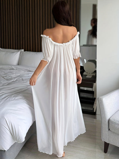 Damen Elegantes Off-Shoulder Nachthemd mit Rüschen – Luftiges Maxikleid für gemütliche Nächte