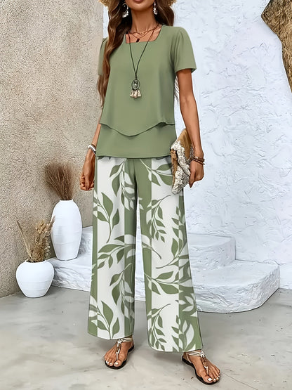 Damen Sommer Set Elegant Zweiteiler mit Weit Bein Hose und Kurzarm Shirt – Perfekt für Freizeit und Urlaub
