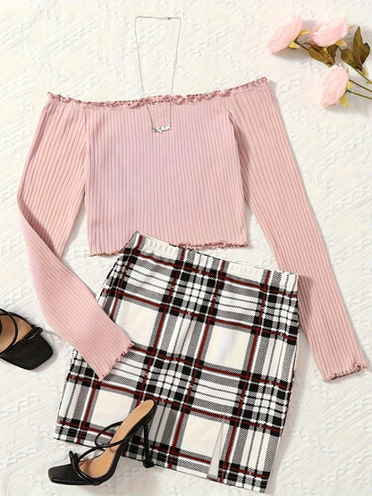 Damen Off-Shoulder Zweiteiler Set – Elegantes Oberteil mit Falten & Karierter Minirock – Perfekt für Frühling und Sommer