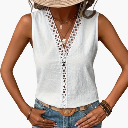 Damen Spitzen-Top im Boho-Stil mit V-Ausschnitt – Elegantes Sommer Oberteil für Freizeit und Urlaub