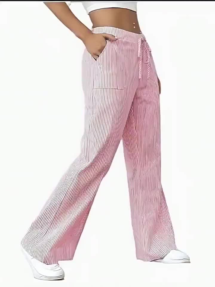Damen Weite Casual Streifenhose mit Kordelzug – Bequeme Freizeithose für Alltag und Wochenende