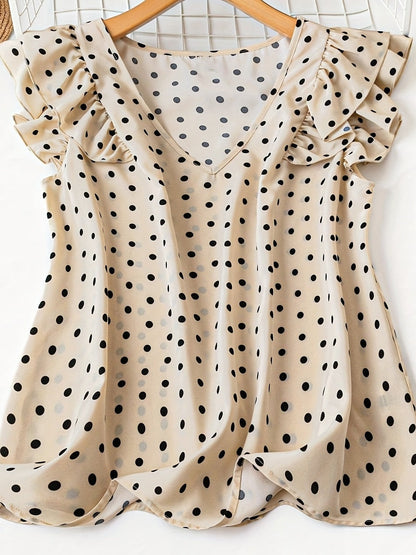 Damen Bluse mit V-Ausschnitt und Volantärmeln – Elegante Tupfen, Femininer Stil für Büro und Freizeit