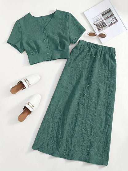 Damen Zweiteiler Set mit Crop Top und Midi Rock – Eleganter Freizeit-Look