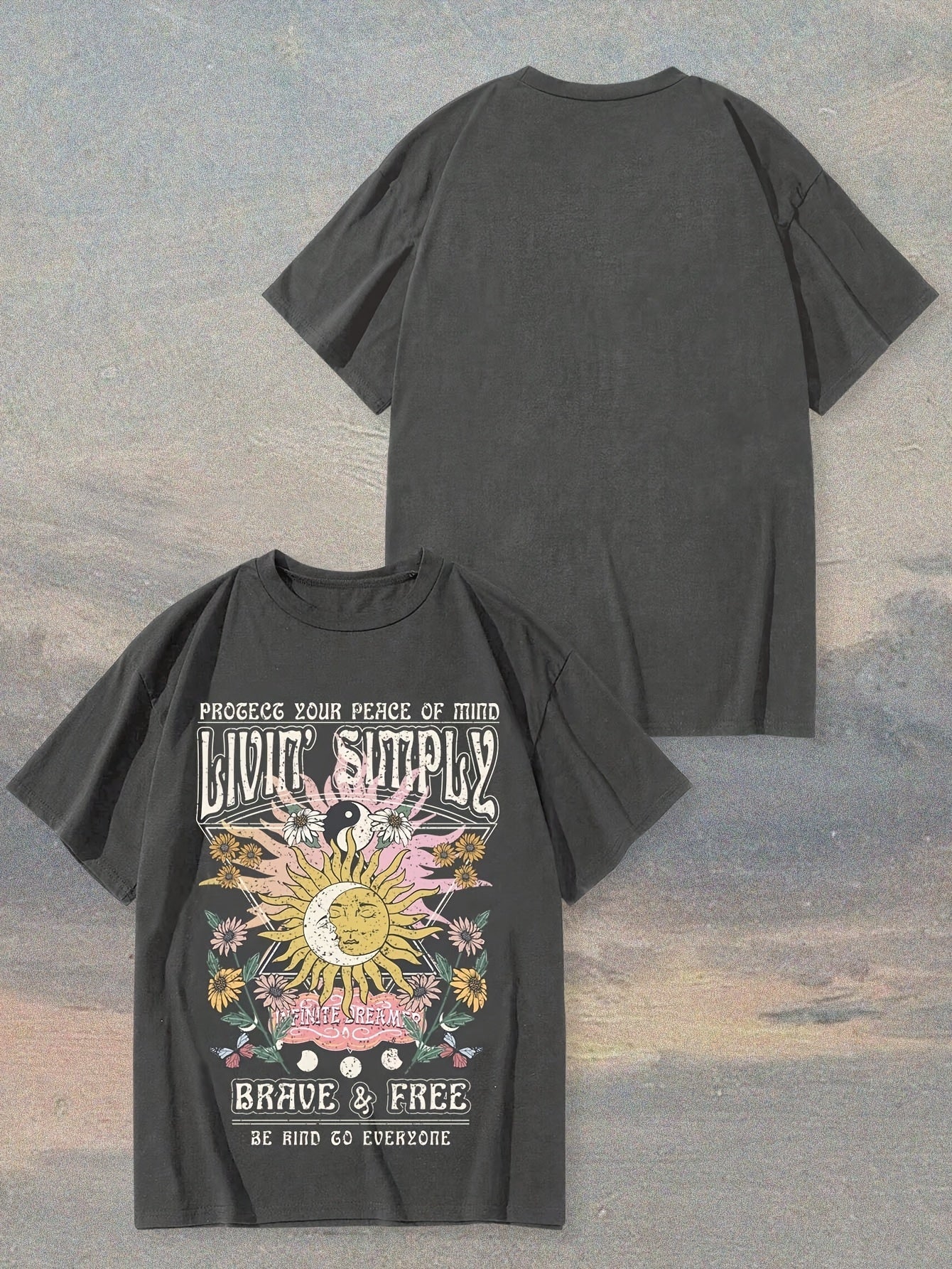 Damen T-Shirt im Boho-Stil mit Sonnendruck und inspirierendem Spruch – Ideal für Freizeit, Festivals & Alltag