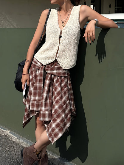 Damen Asymmetrischer Streetstyle-Rock mit Karo und Knotendetail – Urbaner Freizeitlook