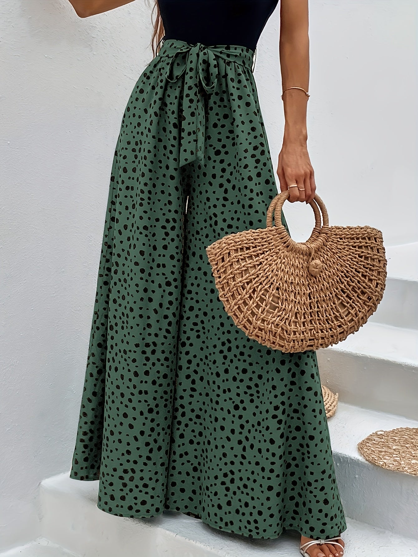 Damen Elegante Weite Hose mit Punktemuster und Bindegürtel – Perfekt für Freizeit und Sommer
