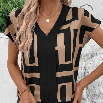 Damen Bluse mit modernem Grafikmuster und V-Ausschnitt für Büro und Freizeit