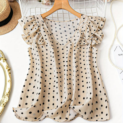Damen Bluse mit V-Ausschnitt und Volantärmeln – Elegante Tupfen, Femininer Stil für Büro und Freizeit