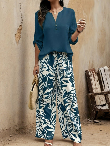 Damen Elegante Sommerhose mit Tropenmuster und Bluse – Perfekt für Freizeit & Urlaub