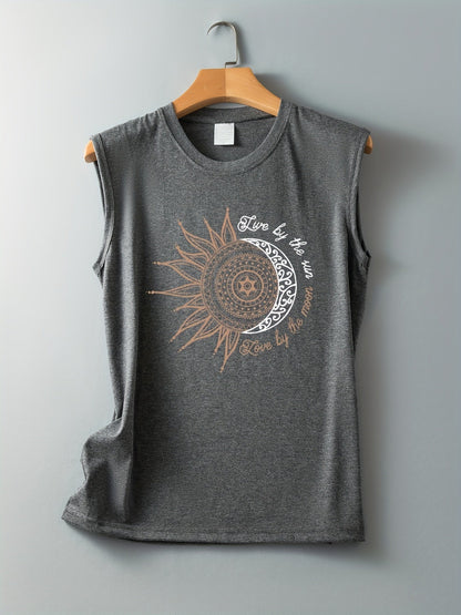 Damen Tanktop mit Boho Sonne-Mond Print – Lässiges Sommer-Shirt im Ethno-Stil