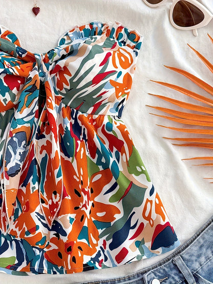 Damen Bandeau Crop Top mit Knoten und Blumenmuster – Modisches Bustier für Urlaub und Sommer-Outfits