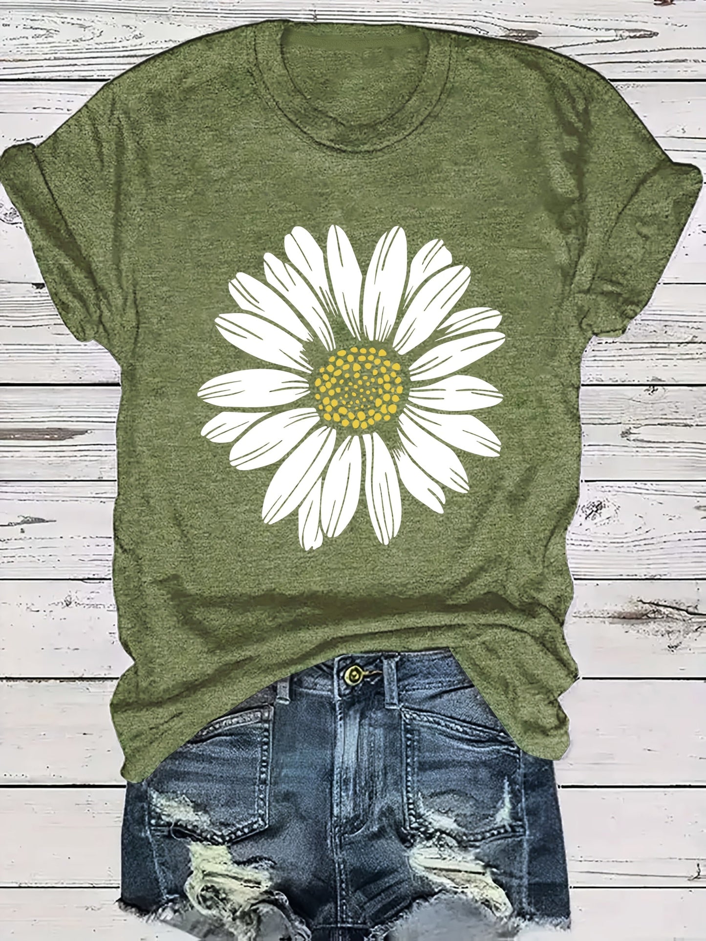 Damen T-Shirt mit großem Gänseblümchen Print – Lässiger Blumendruck, ideal für Alltag & Freizeit