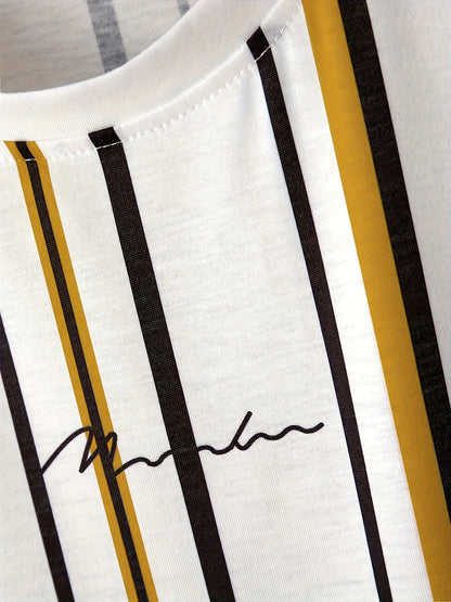 Herren T-Shirt mit vertikalem Streifenmuster und modernem Grafik-Print – Freizeit & Streetstyle