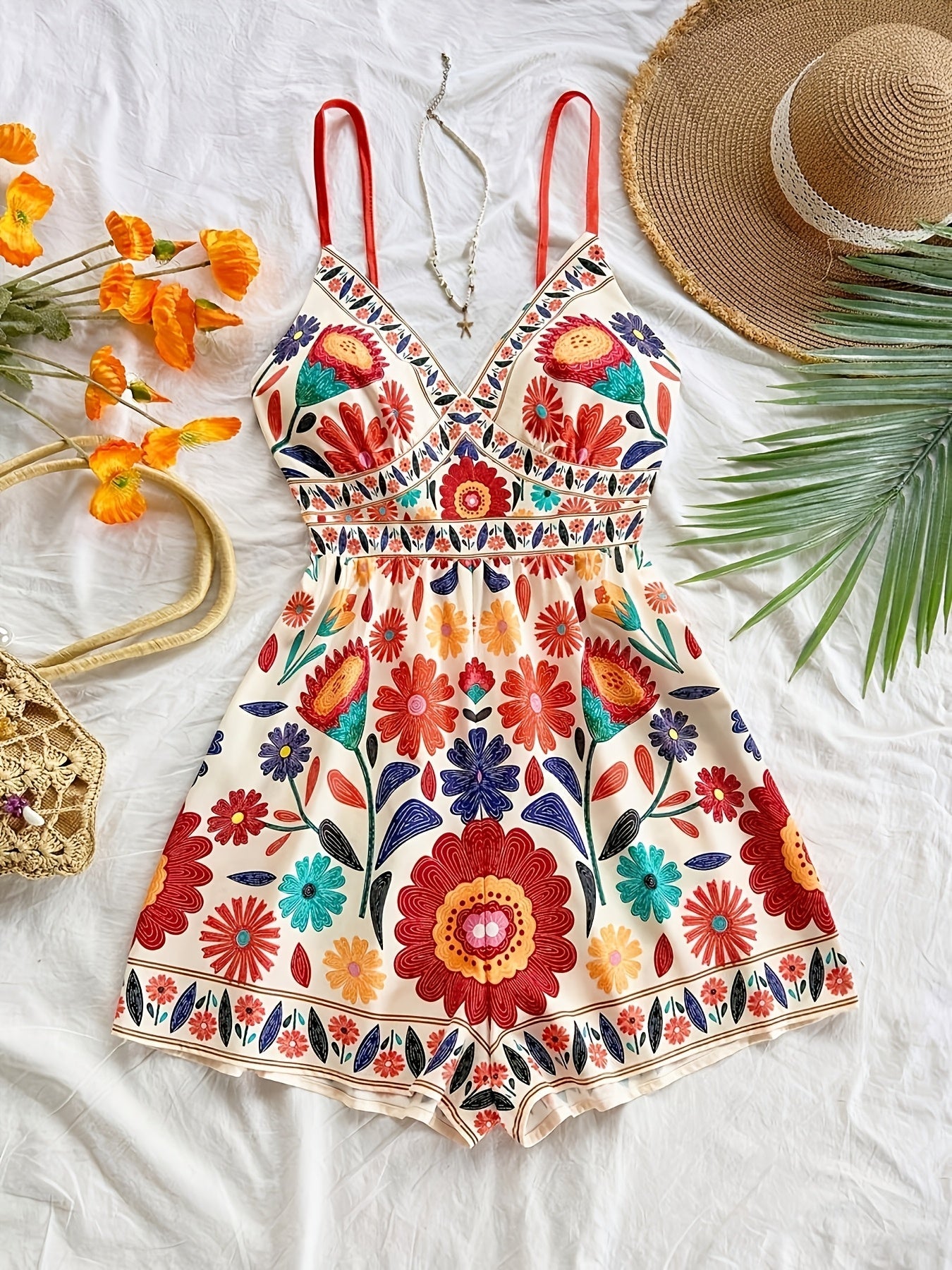 Damen Jumpsuit mit Blumenmuster und Spaghettiträgern – Verspielter Einteiler für Freizeit und Urlaub
