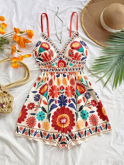 Damen Jumpsuit mit Blumenmuster und Spaghettiträgern – Verspielter Einteiler für Freizeit und Urlaub