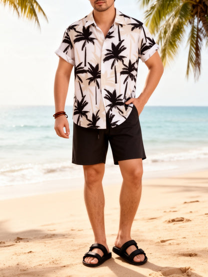 Herren Sommer Strandset – Kurzarm-Hemd mit Palmenmuster und Shorts, lässig für Urlaub & Freizeit