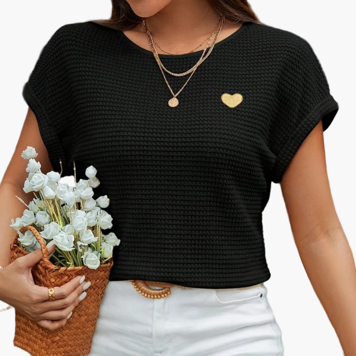 Damen Sommer Strickshirt mit Herz-Stickerei – Eleganter Freizeit-Look, Kurzarm, Ideal für Urlaub & Alltag