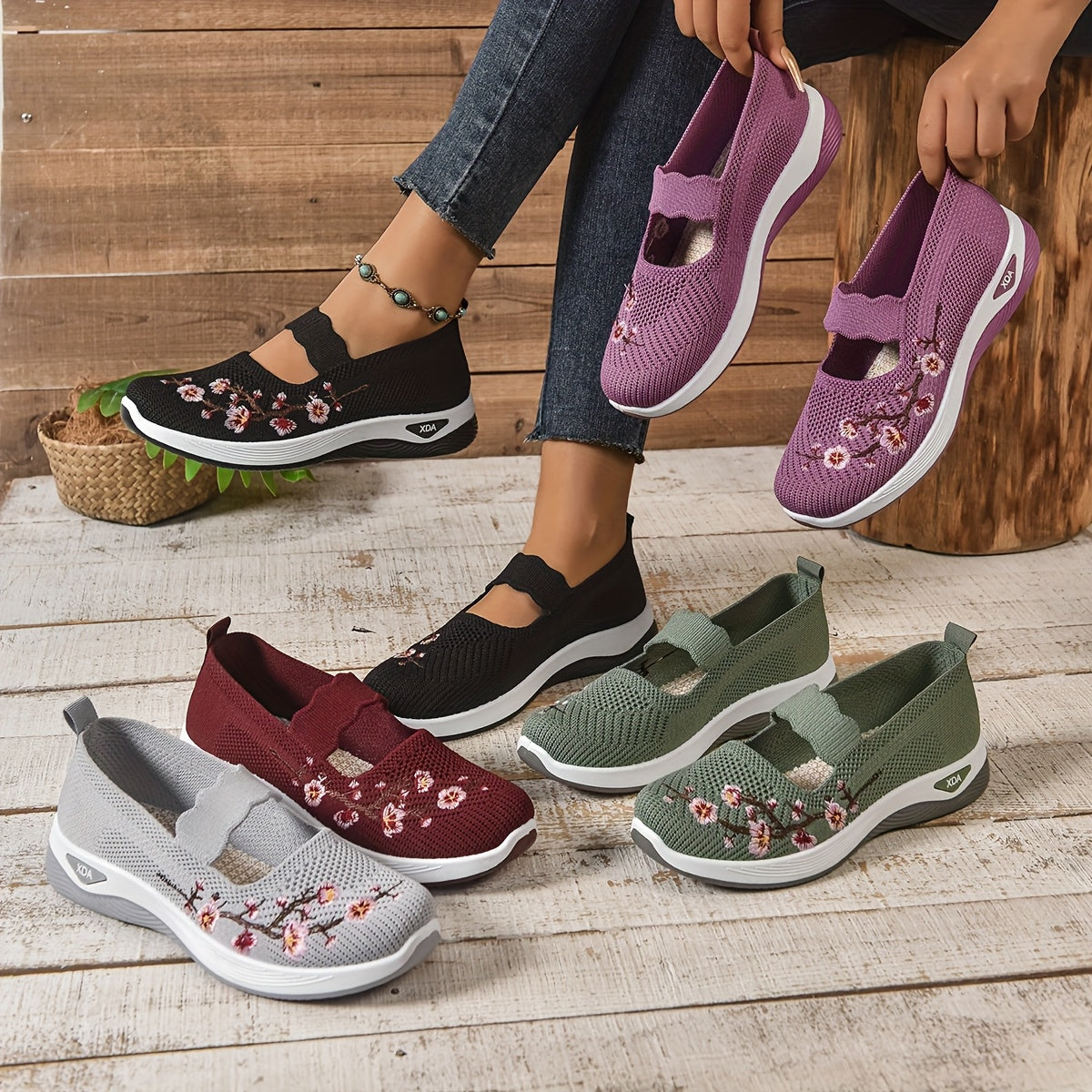 Damen Komfort-Sneaker mit Stickerei und Klettverschluss – Bequeme Freizeitschuhe für Alltag und Spaziergänge