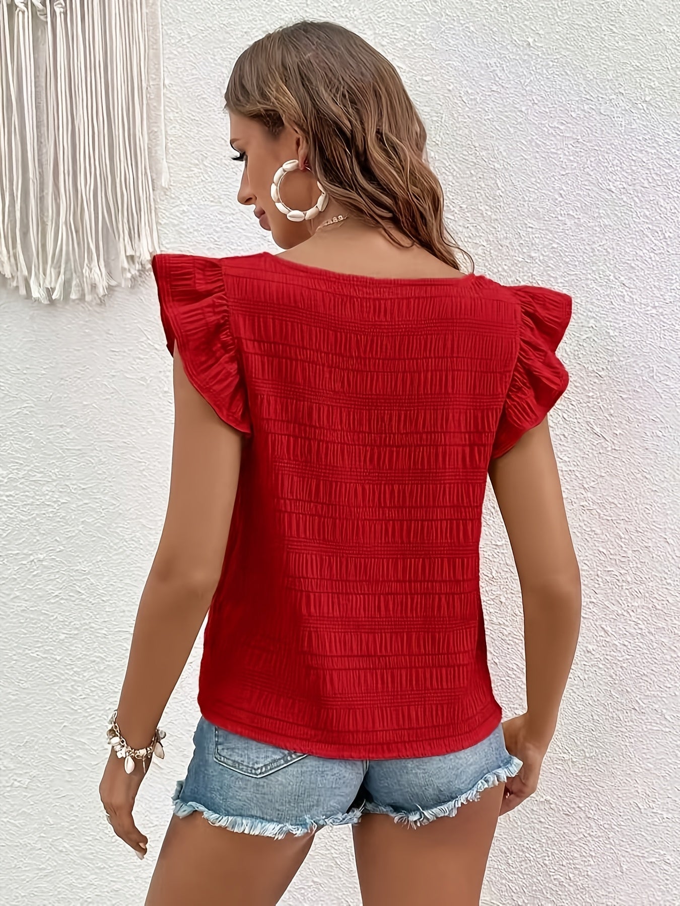 Damen Sommer-Top mit Rüschenärmeln und quadratischem Ausschnitt – Modisches Freizeitshirt für den Alltag
