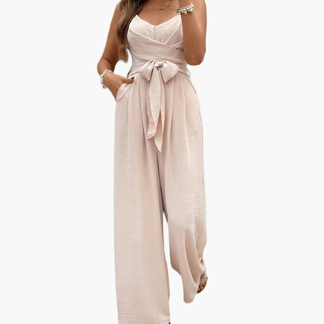 Damen Eleganter Jumpsuit mit Taillenschleife und weitem Bein – Perfekt für Alltag und besondere Anlässe