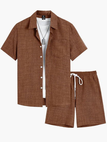 Herren Sommer Freizeit Set – Kurzarm Hemd & Shorts mit T-Shirt und Kette, Lässiger Zweiteiler für Alltag und Urlaub