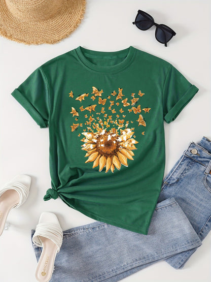 Damen T-Shirt mit Sonnenblume und Schmetterlings-Print – Sommerliches Casual Oberteil