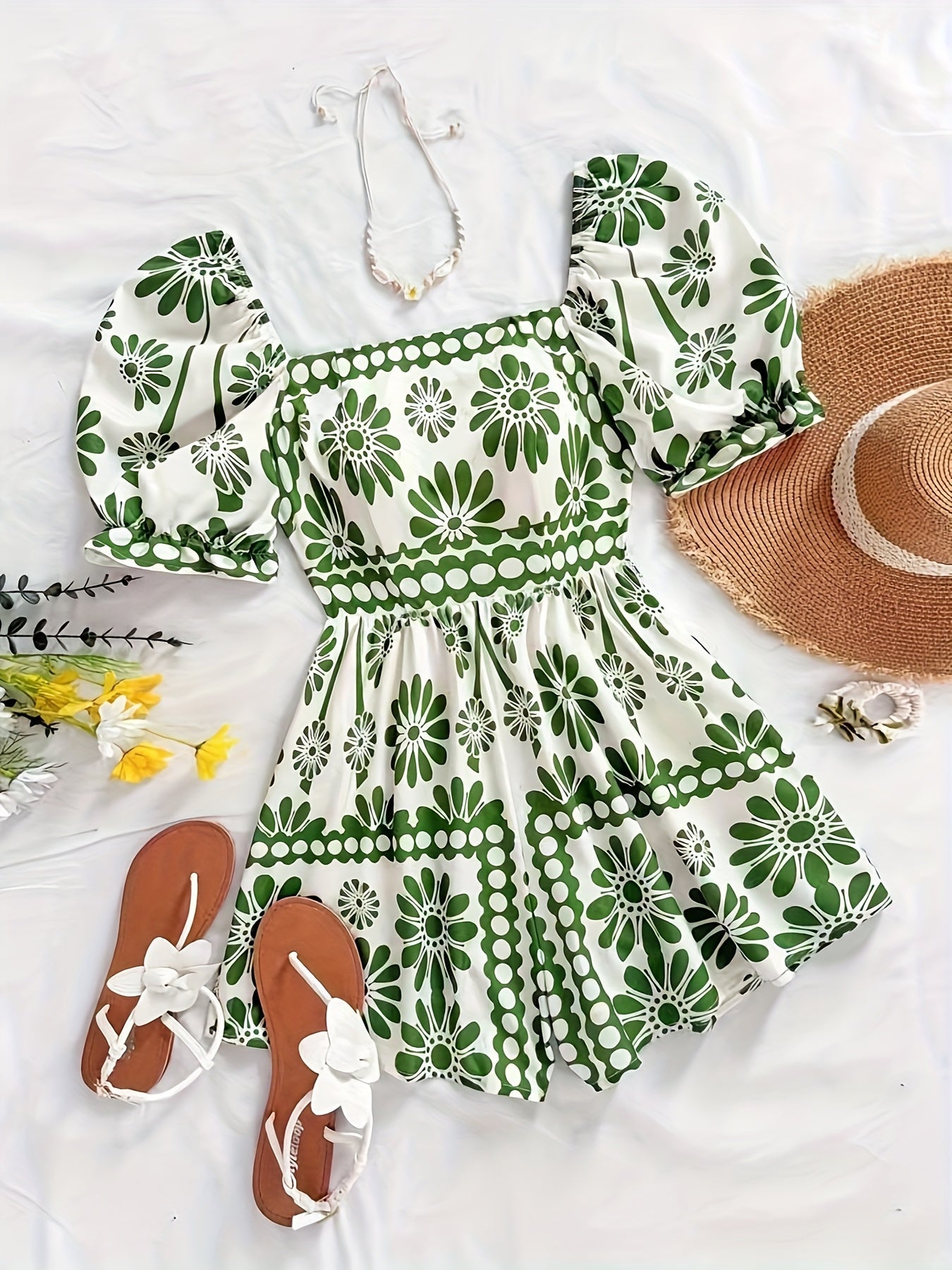 Damen Vintage-inspirierter Jumpsuit mit Puffärmeln und Blumenmuster – Eleganter Einteiler für Freizeit und Events