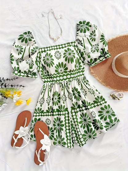 Damen Vintage-inspirierter Jumpsuit mit Puffärmeln und Blumenmuster – Eleganter Einteiler für Freizeit und Events