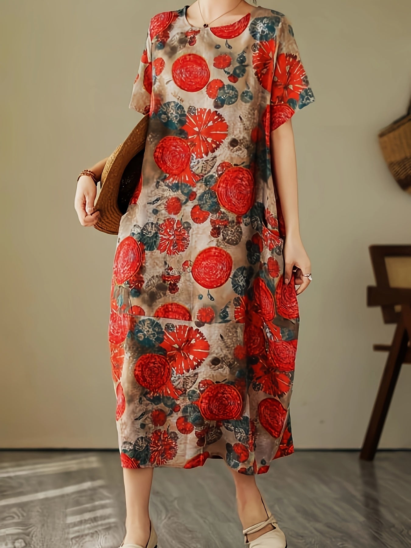Damen Oversize-Kleid mit künstlerischem geometrisch-botanischem Muster und kurzen Ärmeln – Lässiges Freizeitkleid mit Taschen
