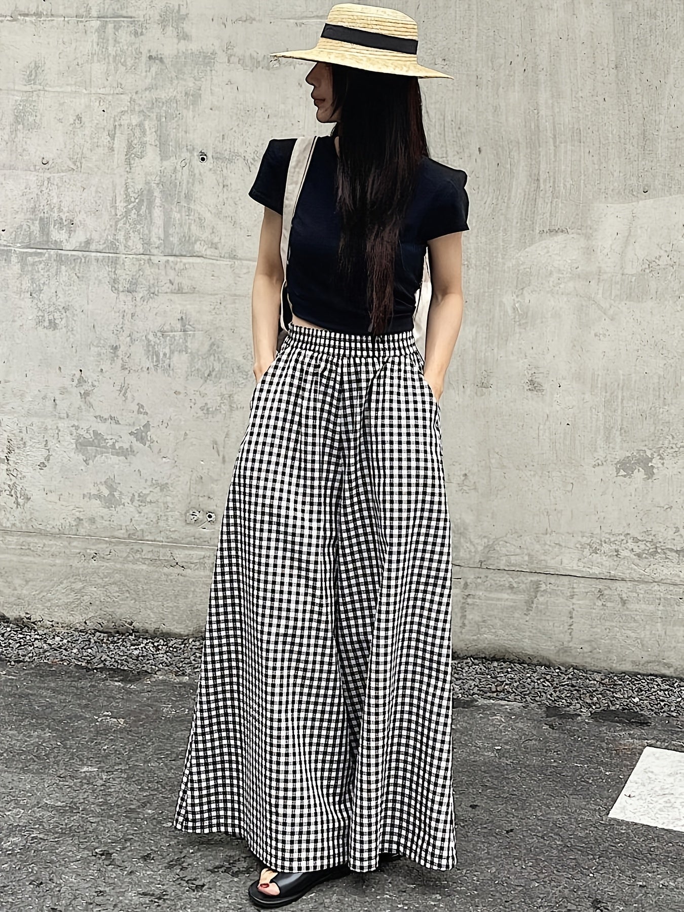 Damen Weite Hose mit Karomuster und hohem Bund – Stilvolle Freizeithose für Alltag & Ausgehen