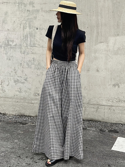 Damen Weite Hose mit Karomuster und hohem Bund – Stilvolle Freizeithose für Alltag & Ausgehen