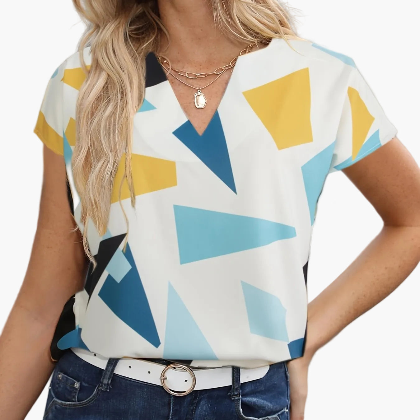 Damen Vintage Bluse mit geometrischem Muster und V-Ausschnitt – Modisches Büro & Freizeitshirt