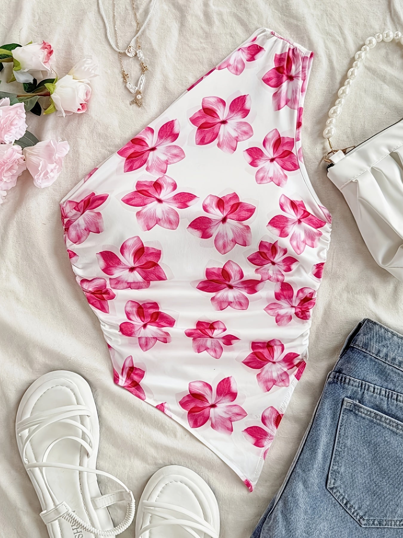Damen Ein-Schulter Body mit Blumenmuster – Eleganter Sommer-Style für Alltag & Urlaub