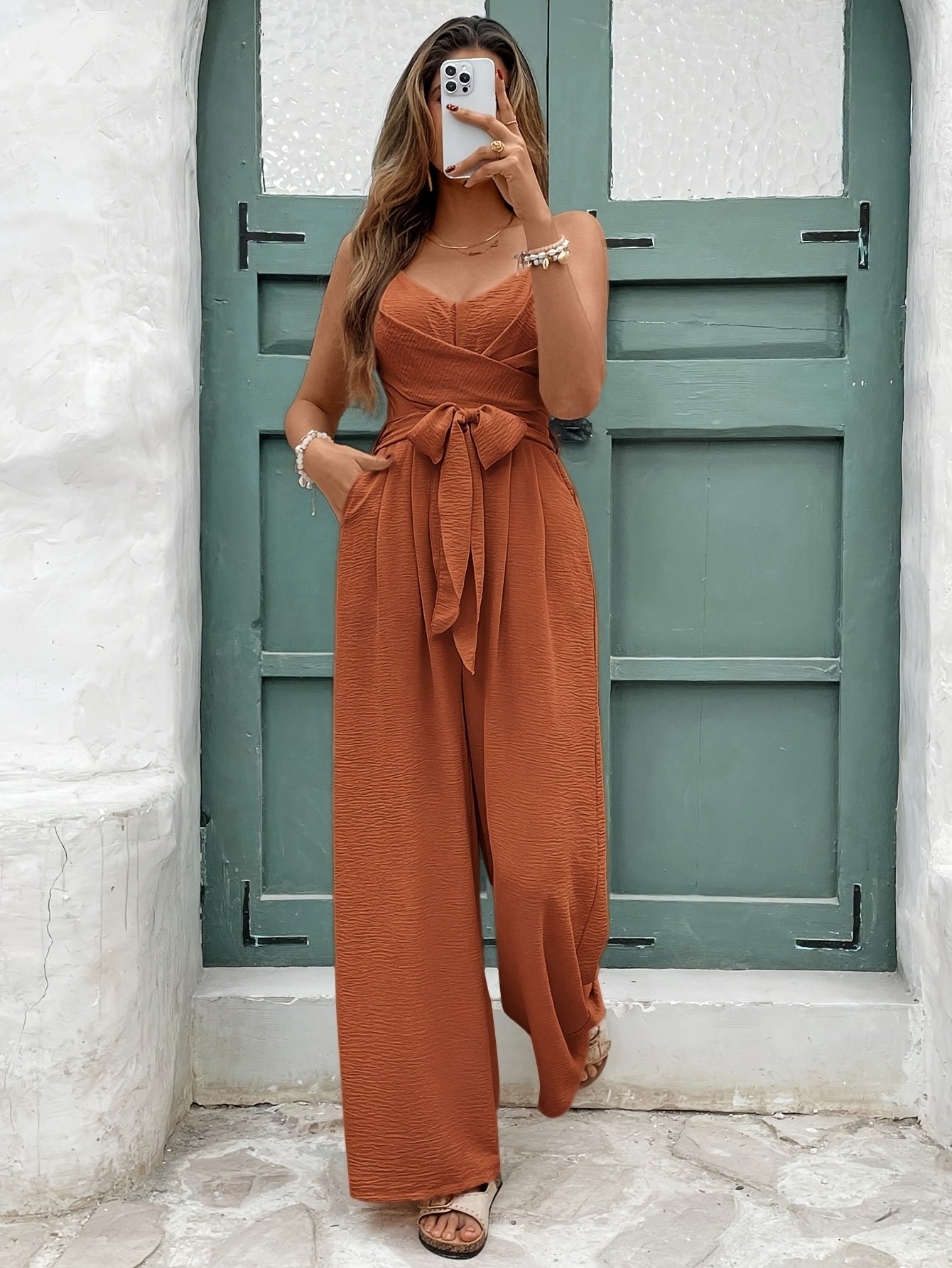 Damen Eleganter Jumpsuit mit Taillenschleife und weitem Bein – Perfekt für Alltag und besondere Anlässe