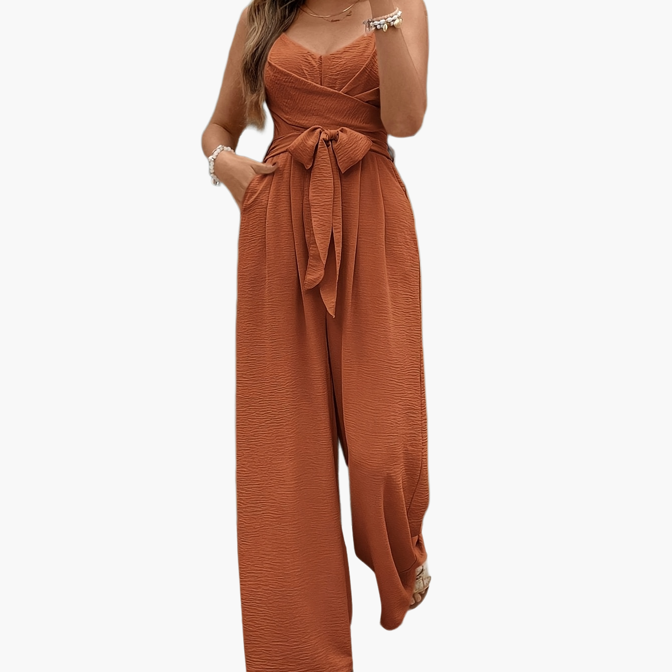 Damen Eleganter Jumpsuit mit Taillenschleife und weitem Bein – Perfekt für Alltag und besondere Anlässe