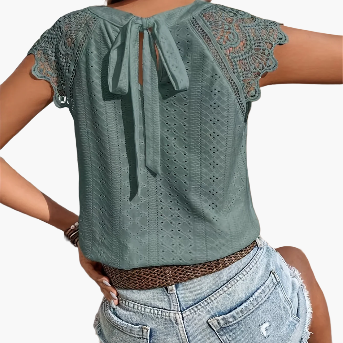 Damen Spitzentop mit Häkelärmeln und Rückenschleife – Sommer Freizeit Bluse