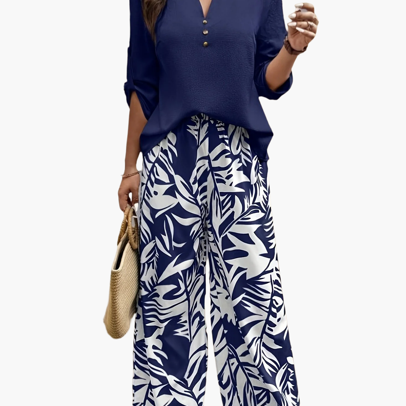 Damen Elegante Sommerhose mit Tropenmuster und Bluse – Perfekt für Freizeit & Urlaub