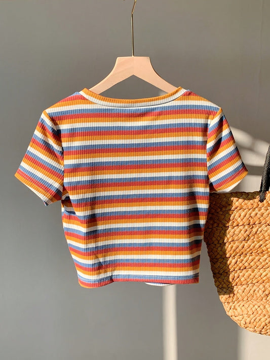 Damen Modernes Streifen-Rippstrick T-Shirt – Kurzarm, Lässiger Streetstyle
