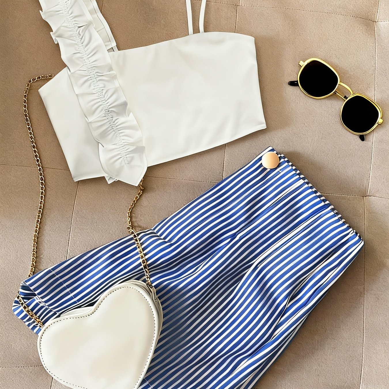 Damen Zweiteiler Set – Modisches Top mit Rüschen und Gestreifte Shorts, Stilvolles Outfit für Freizeit und Alltag