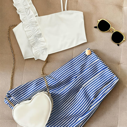 Damen Zweiteiler Set – Modisches Top mit Rüschen und Gestreifte Shorts, Stilvolles Outfit für Freizeit und Alltag