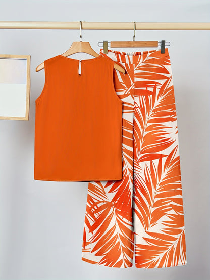 Damen Sommer Palazzo Hose Set – Elegantes Tropenmuster, Ideal für Freizeit & Urlaub