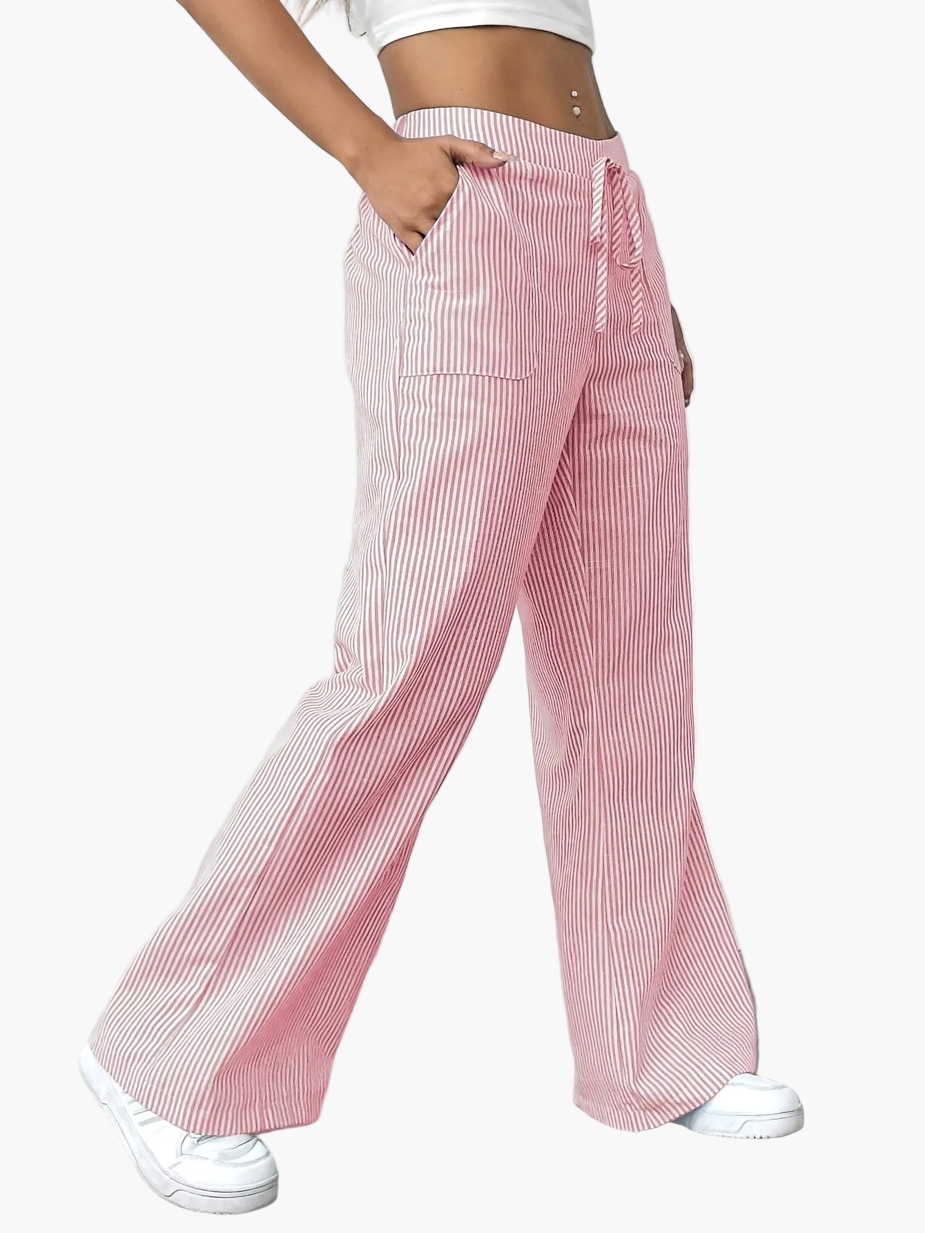 Damen Weite Freizeithose mit Streifen und Kordelzug – Lässiger Streetstyle für Alltag und Freizeit