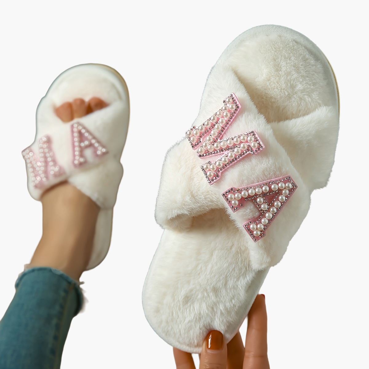 Damen Kuschelige Slipper mit "MA" Perlen-Motiv – Perfekt als Muttertagsgeschenk, Bequeme Hausschuhe für Mütter