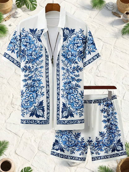 Herren Sommer Kurzarm Freizeit Set mit Blumenmuster – Zweiteiliges Hemd und Shorts, Perfekt für Urlaub & Strand
