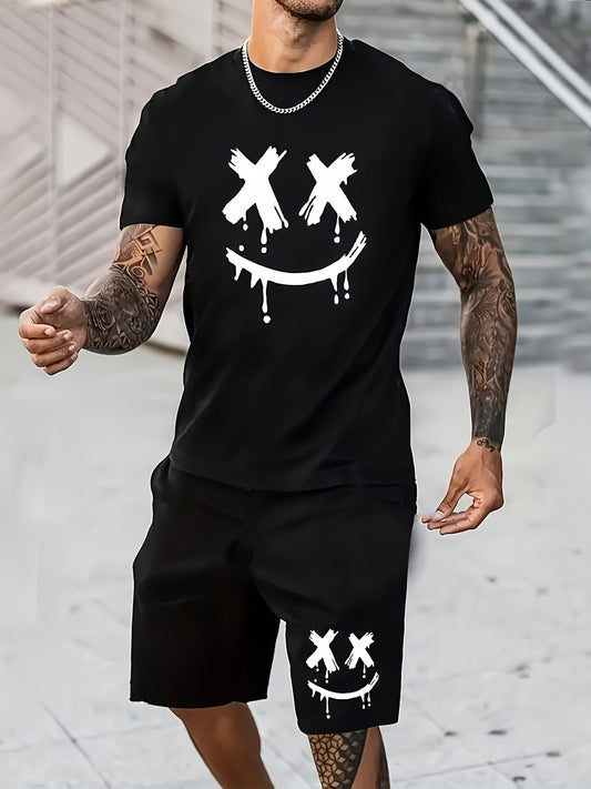 Herren Streetwear Set mit Smiley-Print – T-Shirt & Shorts, Lässiges Sommer Outfit