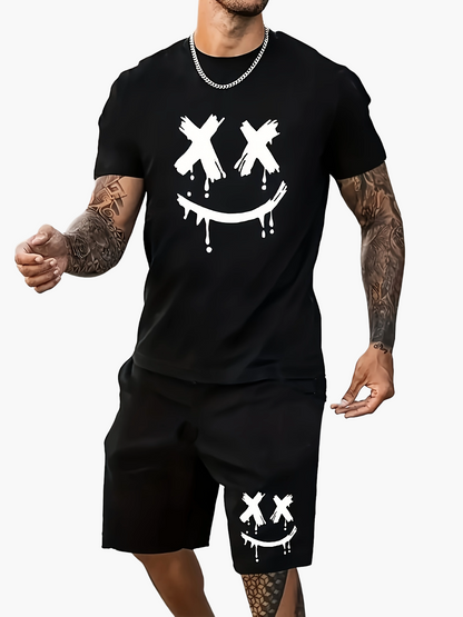 Herren Streetwear Set mit Smiley-Print – T-Shirt & Shorts, Lässiges Sommer Outfit