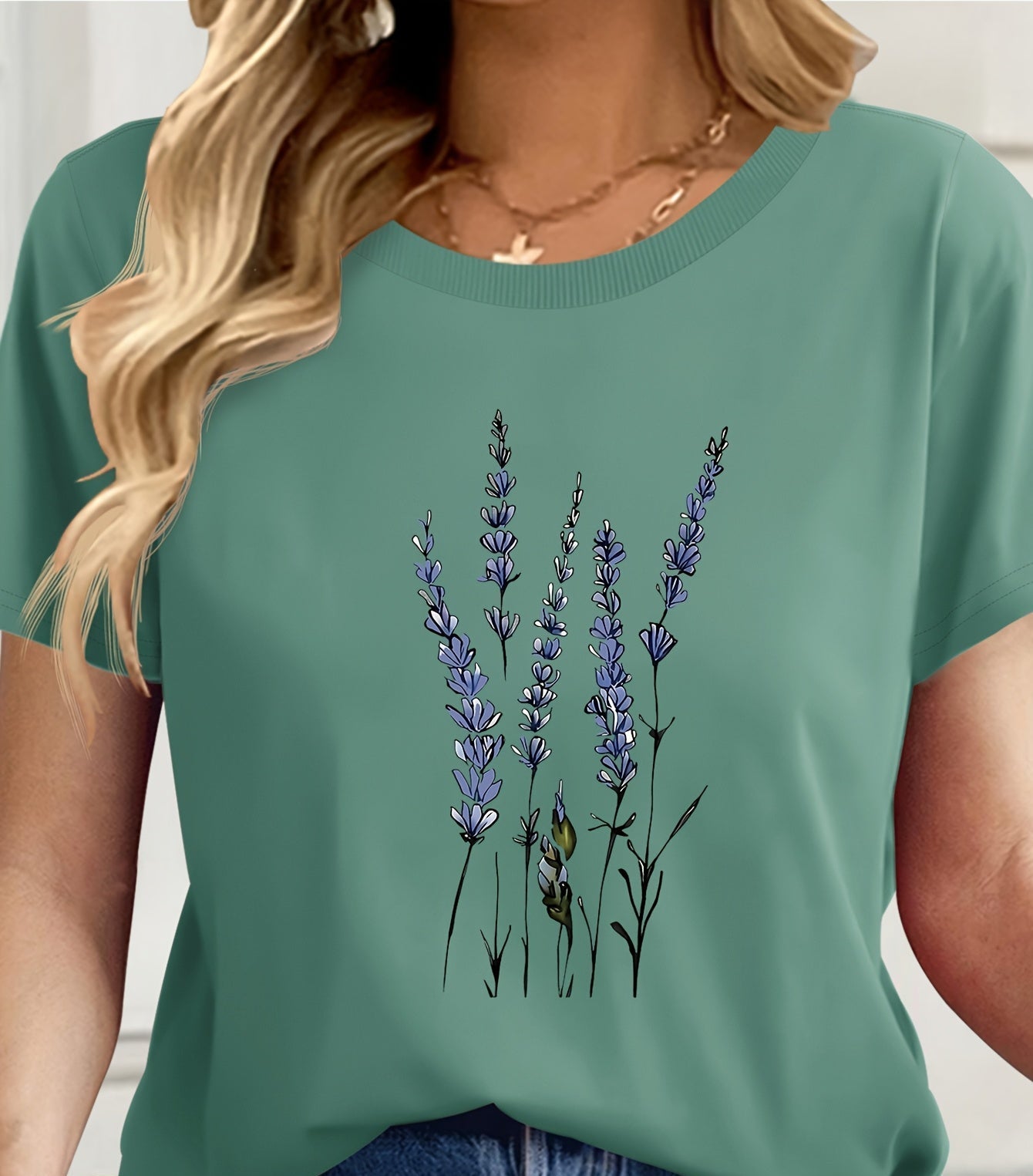 Damen T-Shirt mit Wildblumen-Print – Künstlerisches Blumenmotiv, Kurzarm, Modern Freizeitstil